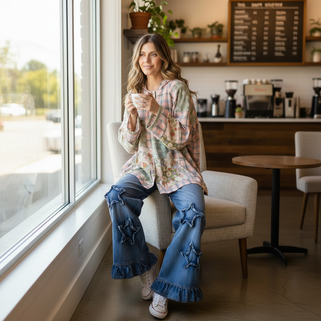 Woman wearing Umgee oversized patchwork hoodie styled casually with jeans - lifestyle photo