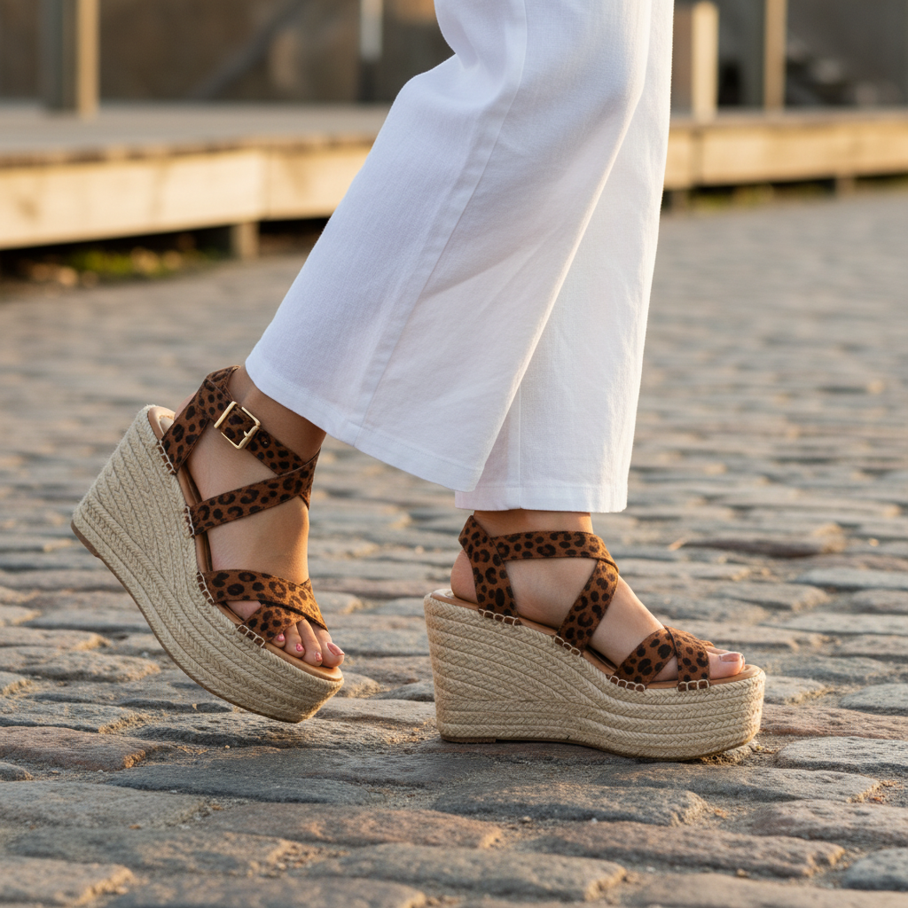 Woman walking in leopard print espadrille wedge sandals with white linen trousers on cobblestone street, mid-stride lifestyle shot