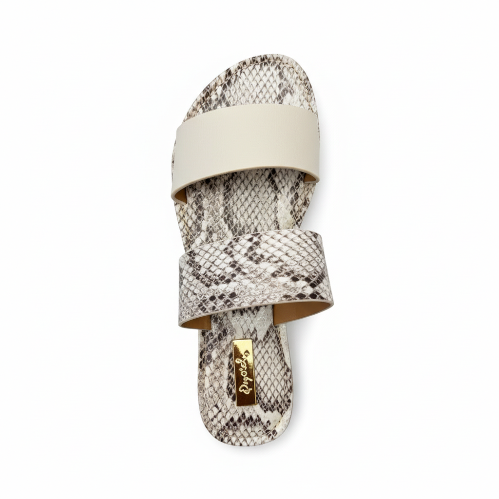 Qupid off-white cream two-band slide sandal top view showing python snake print footbed and gold brand plate
