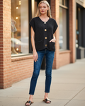 Zenana women's black ribbed sweater vest with gold buttons, boutique street style - BellanBlue