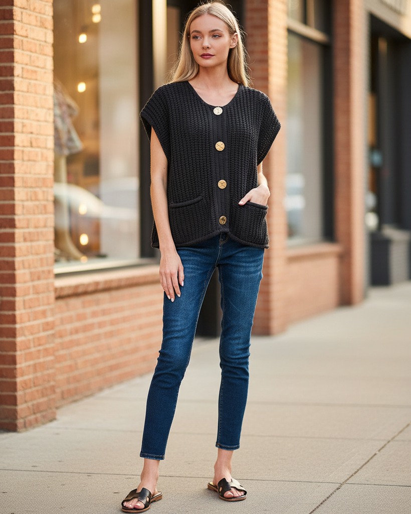 Zenana women's black ribbed sweater vest with gold buttons, boutique street style - BellanBlue