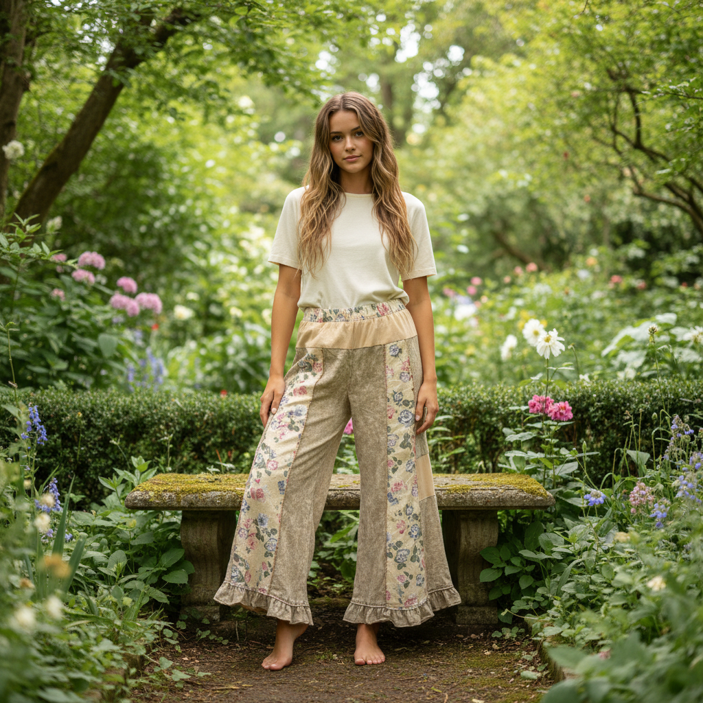 Women's beige floral brocade patchwork pants styled for a relaxed weekend outdoor look