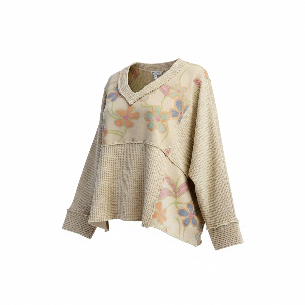 Easel women's sage waffle knit top, ghost mannequin three-quarter view, dolman sleeve and panel seaming
