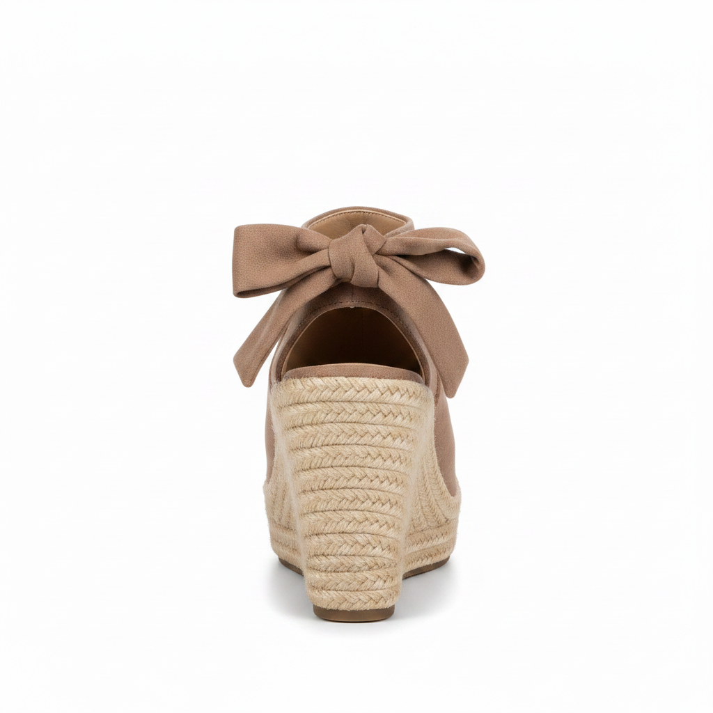 Refresh Emery-03 taupe espadrille wedge sandal, rear view highlighting large ankle bow and braided jute heel