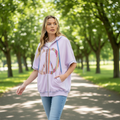 Easel women's lavender milk peace sign hoodie, short sleeve, walking in park, outdoor lifestyle