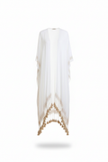 White women’s longline tassel trim kimono wrap on white background