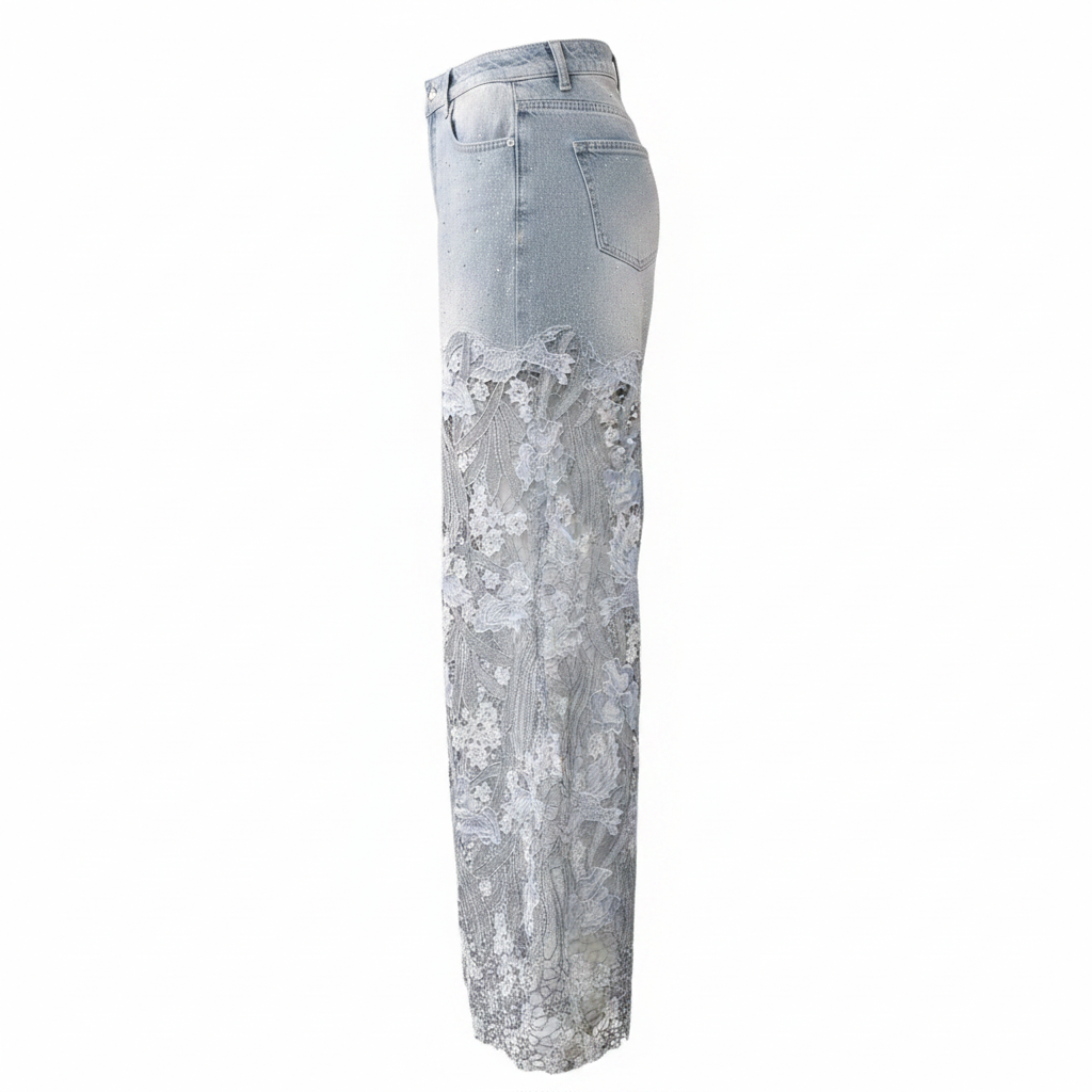 Women's rhinestone denim and lace wide-leg jeans side profile, sheer floral guipure lace, high-waist silhouette