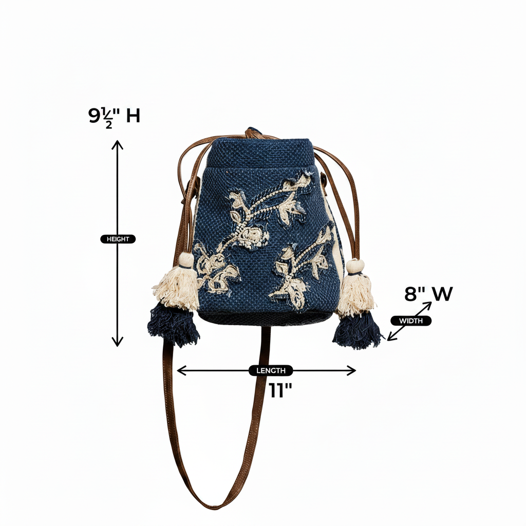 POL woven denim crossbody bag measurement diagram showing 9.5 inch height, 11 inch length, and 8 inch width on white background