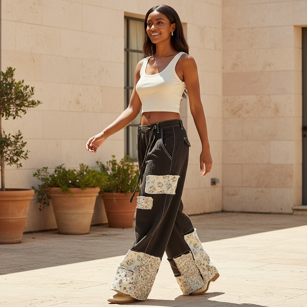 Women's charcoal denim patchwork pants, walking pose, cream floral tapestry hem, contrast stitch, relaxed fit