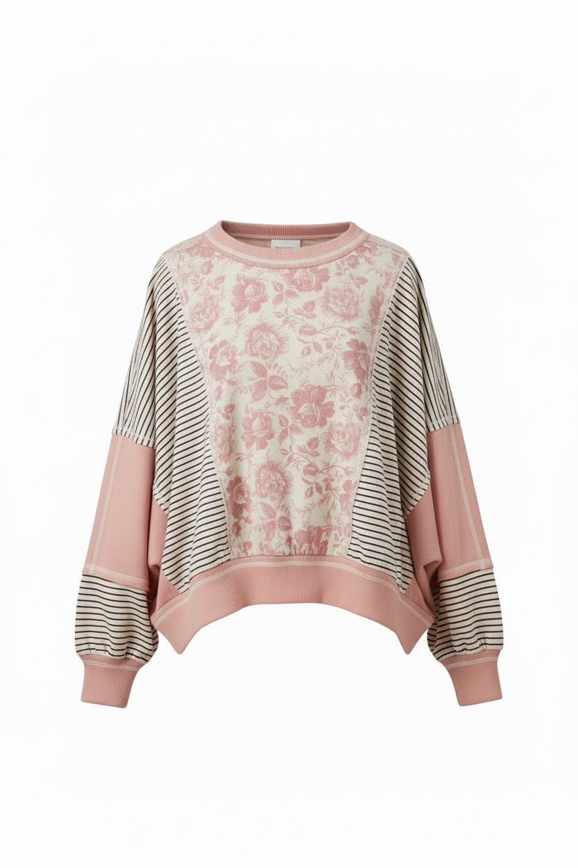 Colorblock Stripe Mix Top Oatmeal/Pink - Front view showing floral print panel and horizontal pinstripes