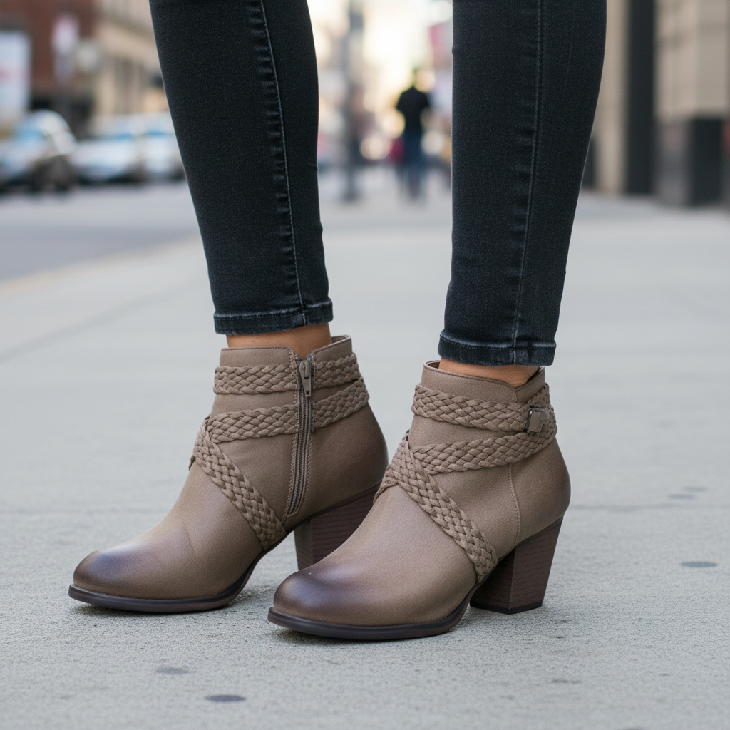 Woman standing in BellanBlue Lazzaro-2 taupe braided ankle booties with dark jeans on urban sidewalk