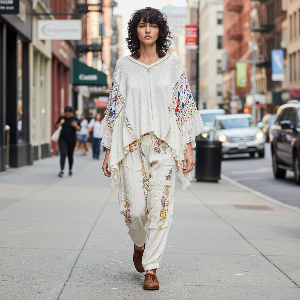 Natural garment styled with model walking on city street - BellanBlue