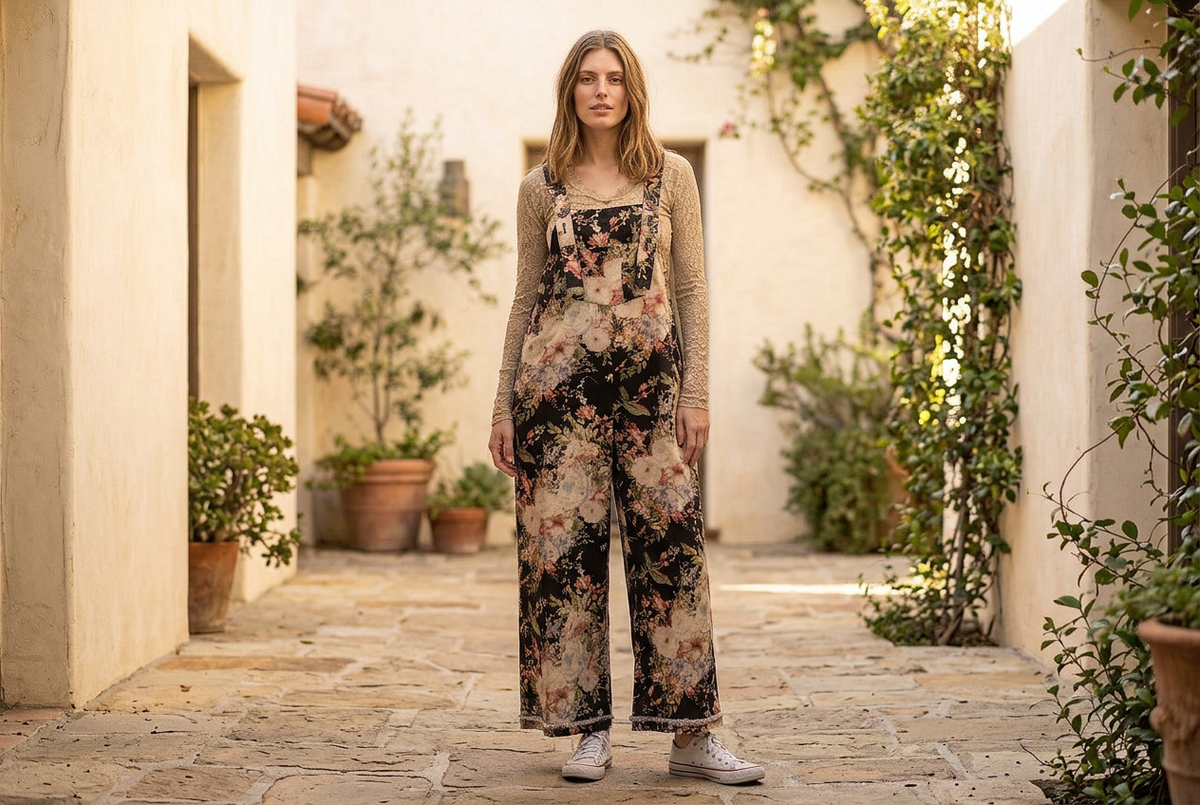 Blue Velvet black floral wide-leg overalls styled with a beige lace top in a sunlit courtyard.