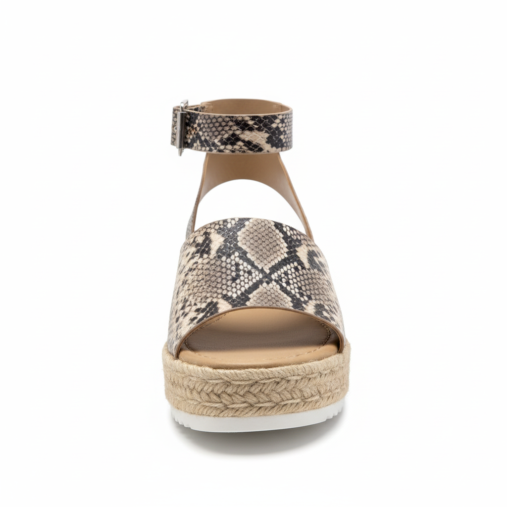 Women's charcoal grey python snake print espadrille platform sandal front view open toe ankle strap silver buckle jute platform