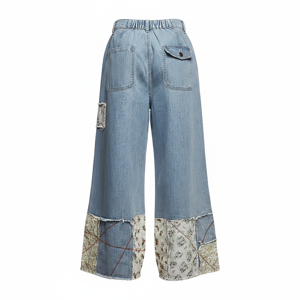 Women's blue denim ultra wide-leg pants back view, floral tapestry patchwork hem, frayed edges, relaxed fit