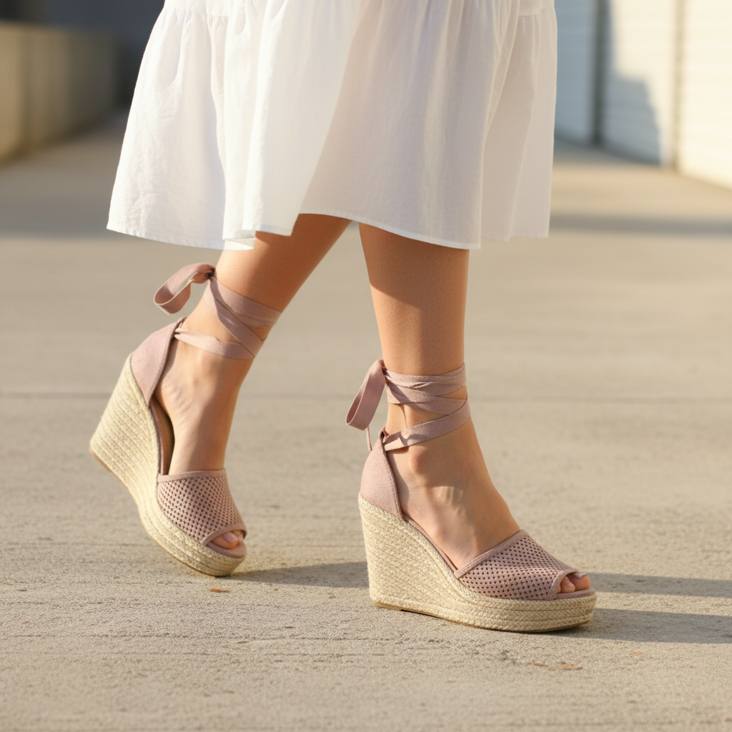 Woman walking in mauve-grey perforated espadrille wedge sandals with ribbon ties, mid-stride close-up, cobblestone path