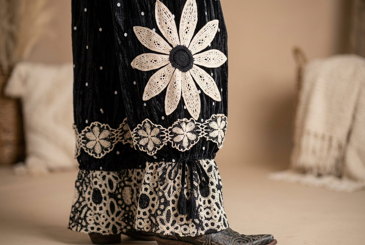 Close-up of the cream crochet daisy appliqué and floral lace hem on black velvet polka dot pantaloons