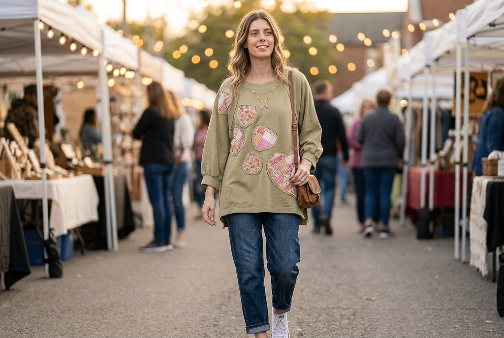 Blue Velvet sage heart patchwork sweatshirt everyday styling at an outdoor market