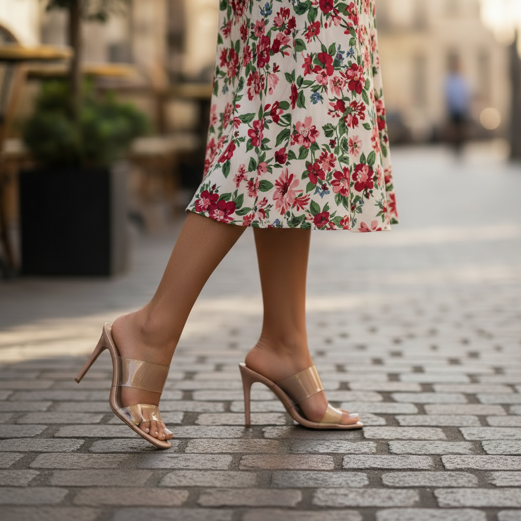 Woman walking mid-stride on cobblestone street in Qupid clear PVC nude stiletto mule heels with floral midi dress