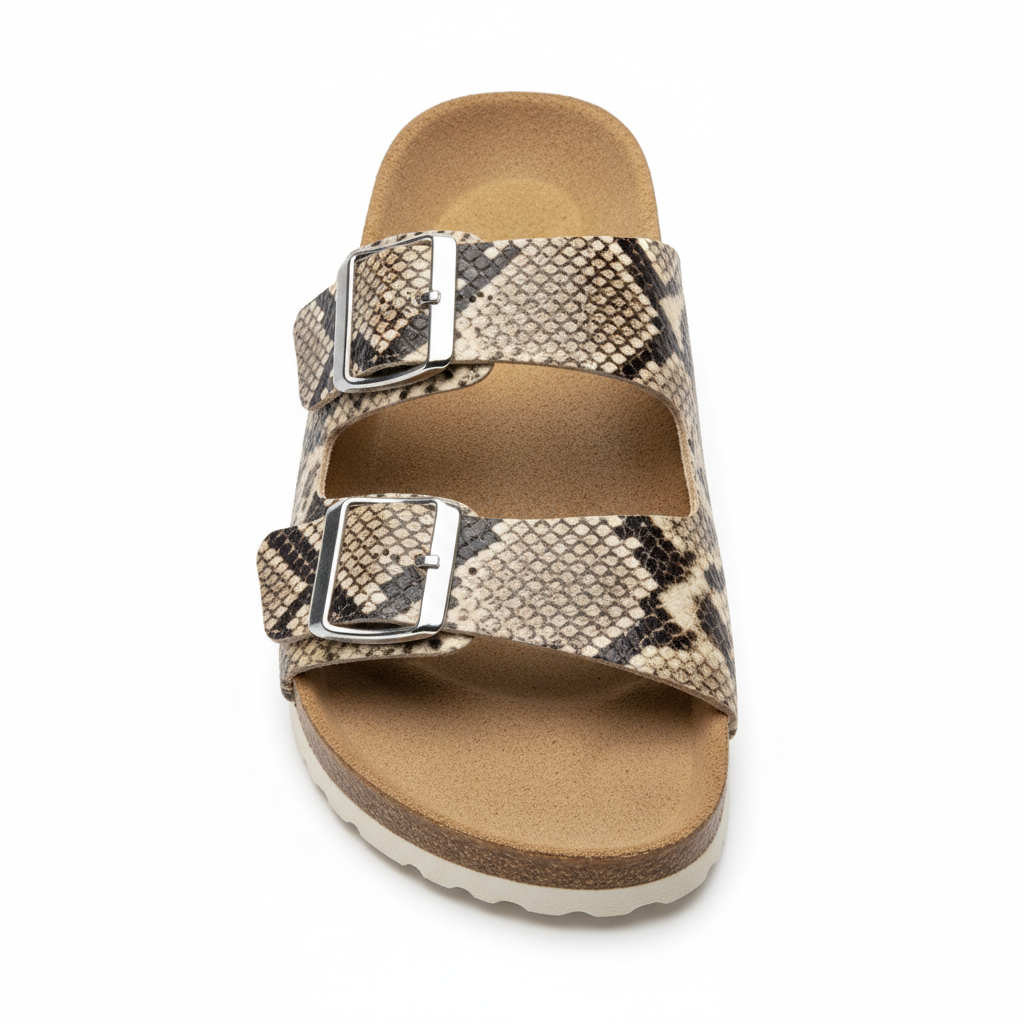 Snake print slide sandal top view showing adjustable double buckle straps and contoured cork footbed