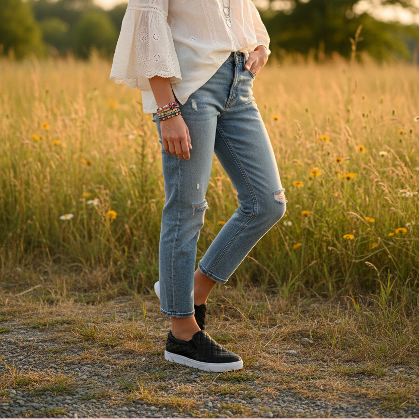 Woman wearing black quilted slip-on platform sneakers - lifestyle photo