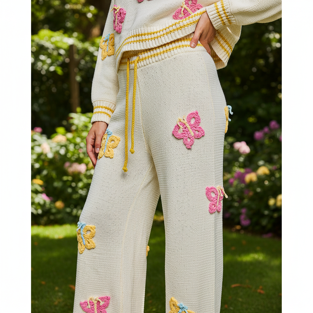 Close-up of POL Clothing cream knit pants yellow drawstring waistband and crochet butterfly detail