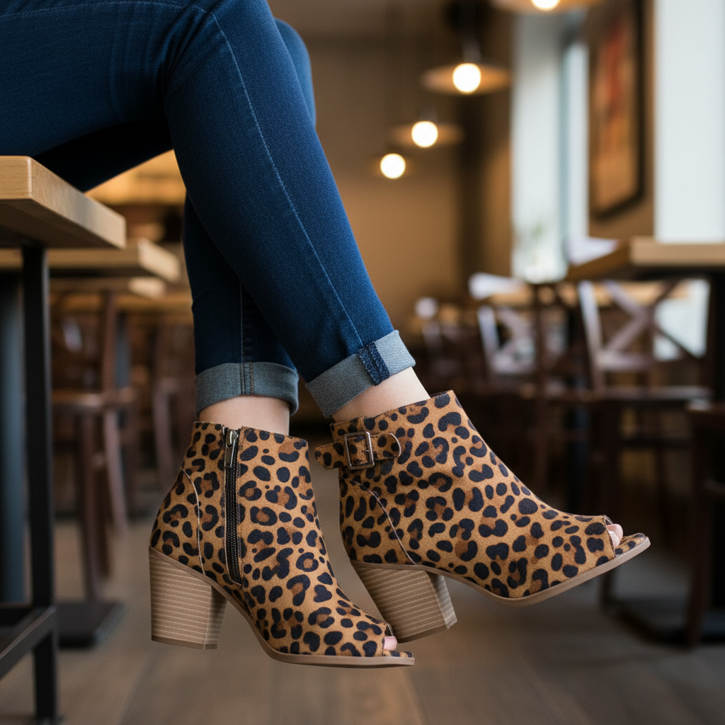 Woman seated showing outer side of Forever Link Winster-2 leopard booties with silver zipper, cafe setting