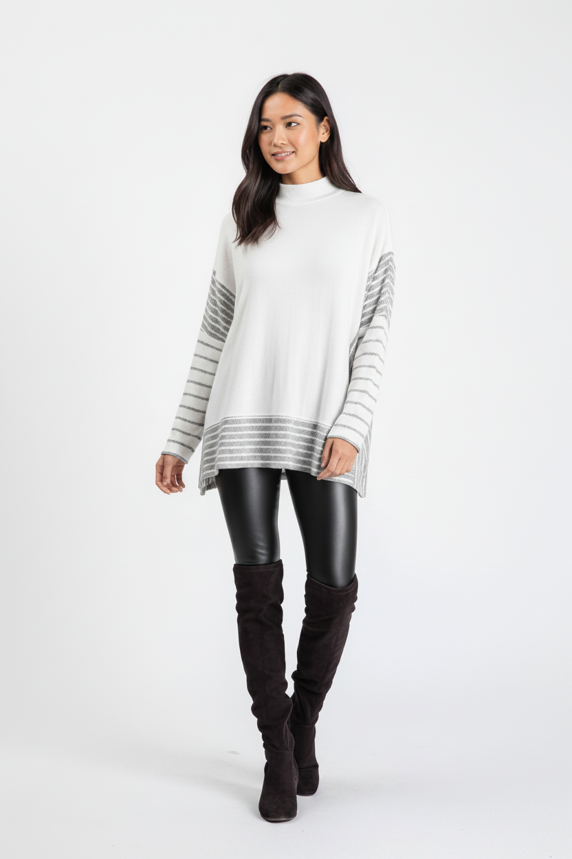 Women's white striped knit pullover sweater candid studio pose black leather pants relaxed fit