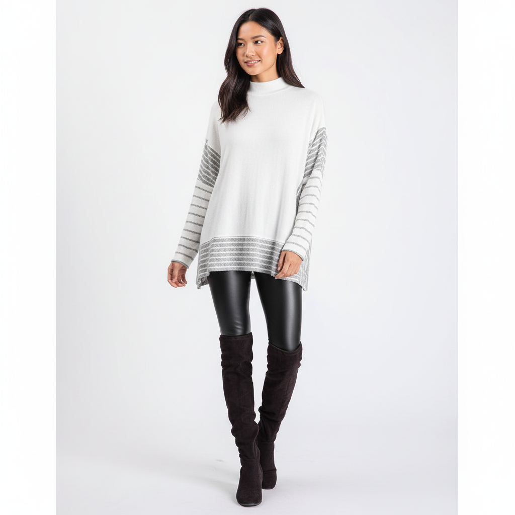 Women's white striped knit pullover sweater candid studio pose black leather pants relaxed fit