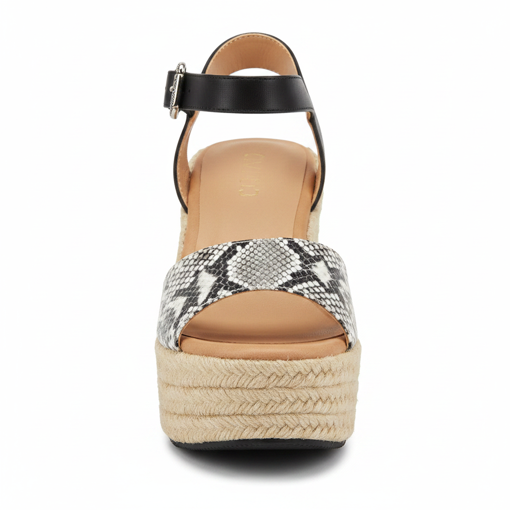 Women's snake print espadrille platform wedge sandal front view on white background showing open toe and jute sole