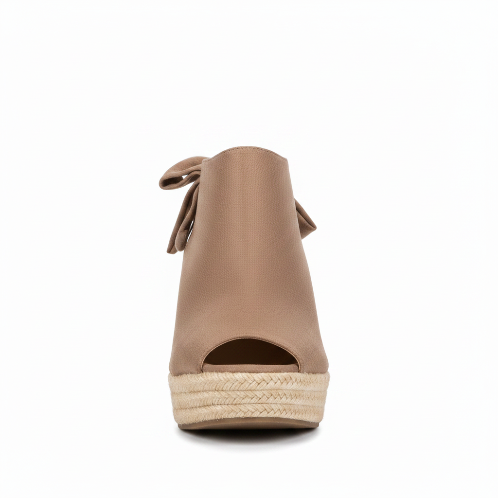 Refresh Emery-03 taupe espadrille wedge sandal, straight front view showing peep-toe opening on white background