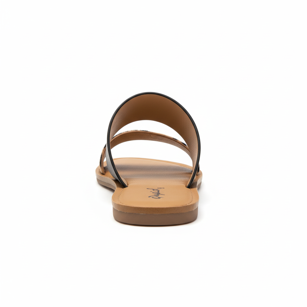 Qupid tan two-band flat slide sandal back view showing open heel and black PU upper strap