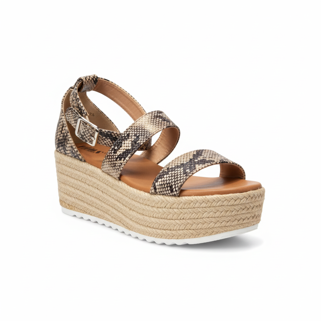 Woven wedge sandal with patterned straps on a white background