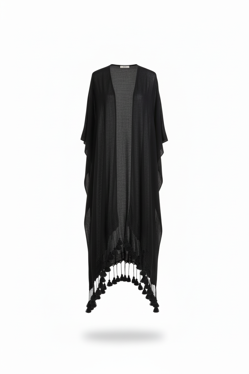 Leto Collection female black longline tassel trim kimono wrap front studio view showing flowy silhouette
