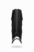 Black women’s longline tassel trim kimono wrap front view
