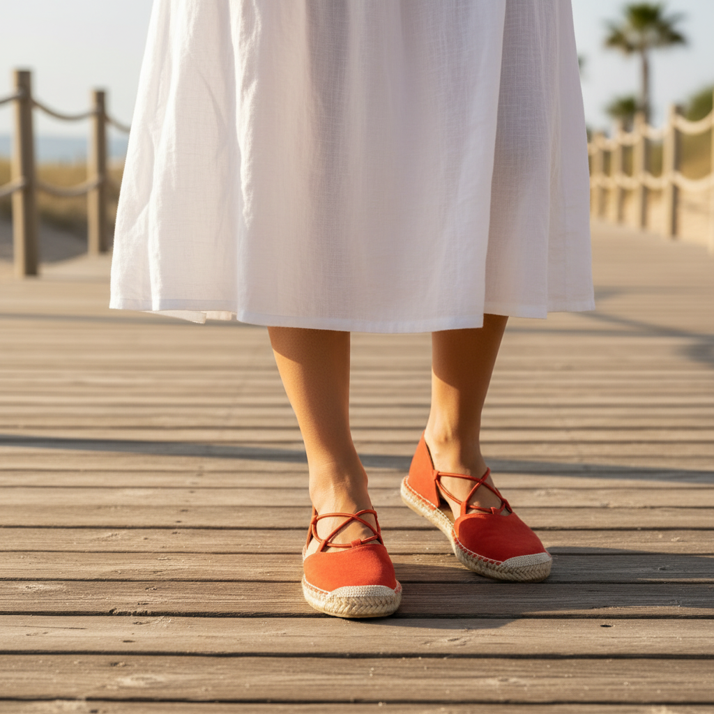 Close-up of women's blood orange espadrille flats with braided jute rope sole and X-strap instep on a sunny beach boardwalk with white midi skirt