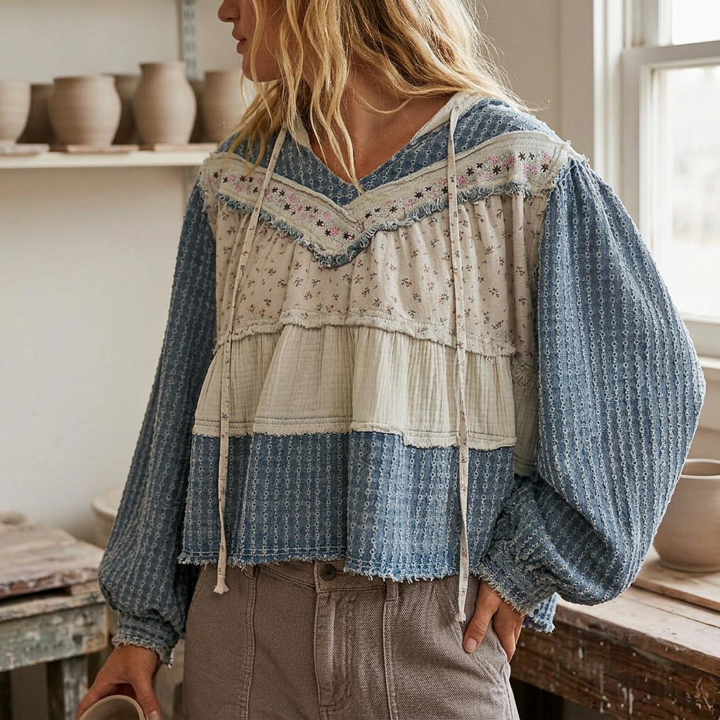 Close view of embroidered trim, tiny cream florals and textured blue sleeves on a hooded pullover.