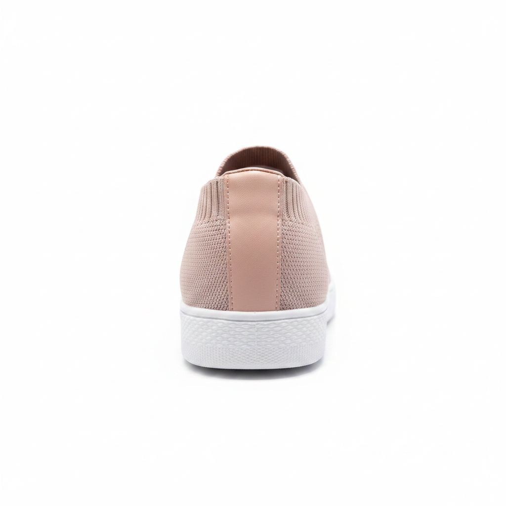Mauve flyknit lace-up sneaker back view showing ribbed sock collar and heel construction on white background