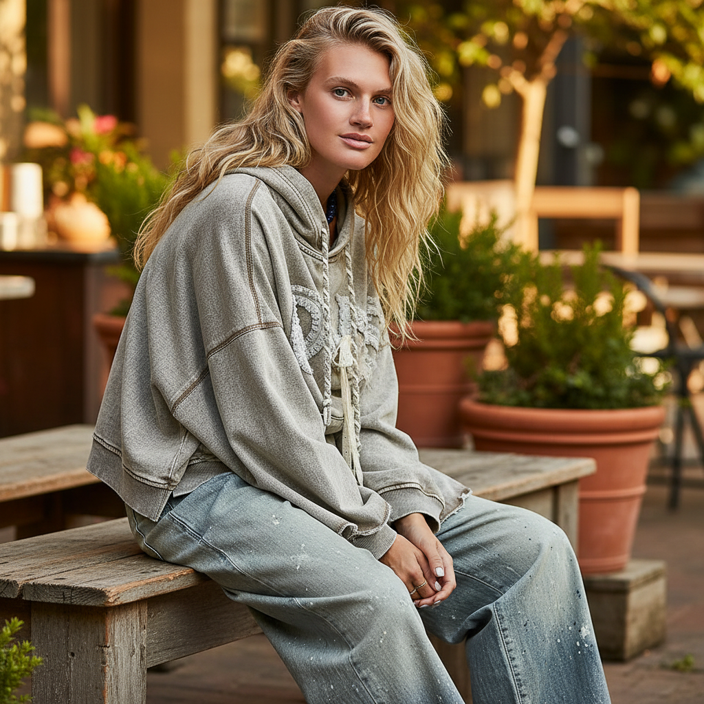 POL Clothing taupe vintage wash cropped hoodie with crochet LOVE applique and floral pin, brunch patio setting