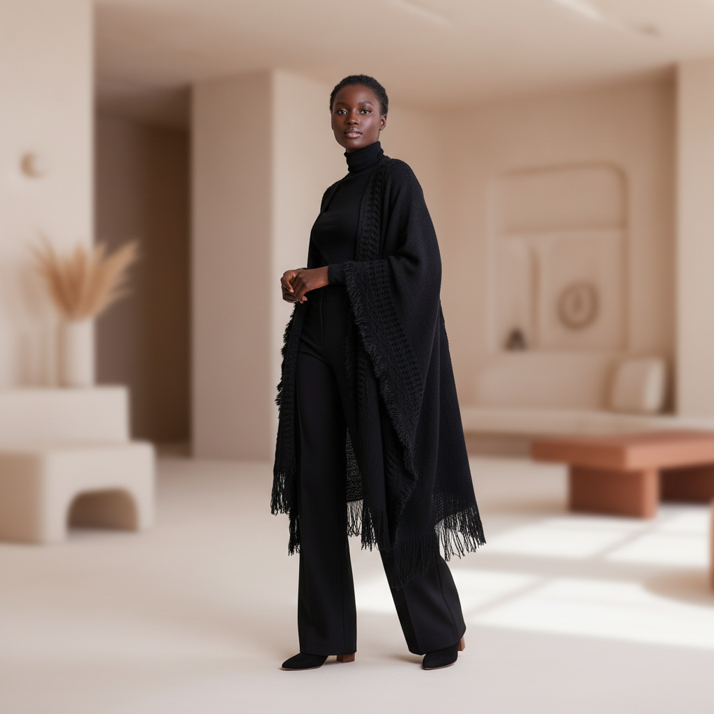 Women's black frayed-trim ruana wrap layered over turtleneck, relaxed oversized fit, modern styling