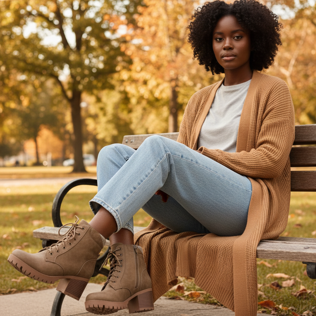Women's taupe SODA ankle boot, chunky lug sole, knit collar trim, seated on park bench fall outfit