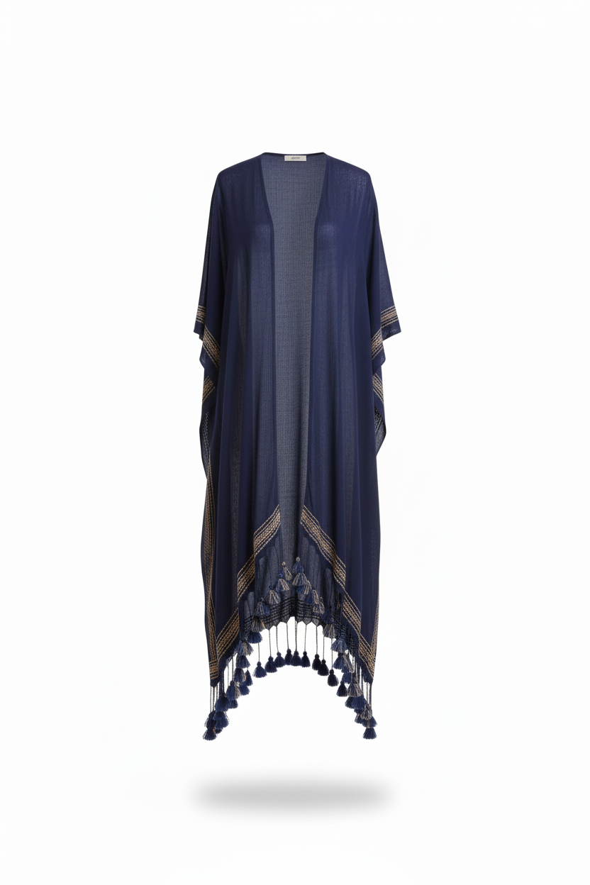 Navy women’s longline tassel trim kimono wrap front view