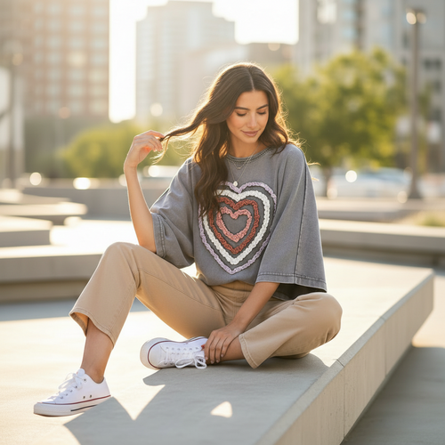 Oversized Heart Applique Terry Top in Smoke Gray - Lifestyle image styled with high-waisted denim jeans for casual weekend look