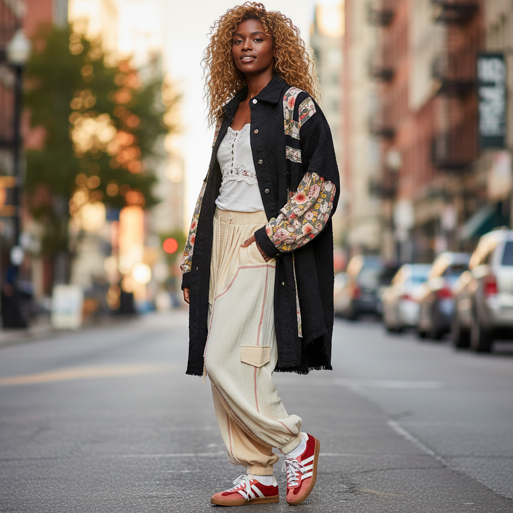 Women's black floral twill duster jacket styled over white top street style boho outerwear