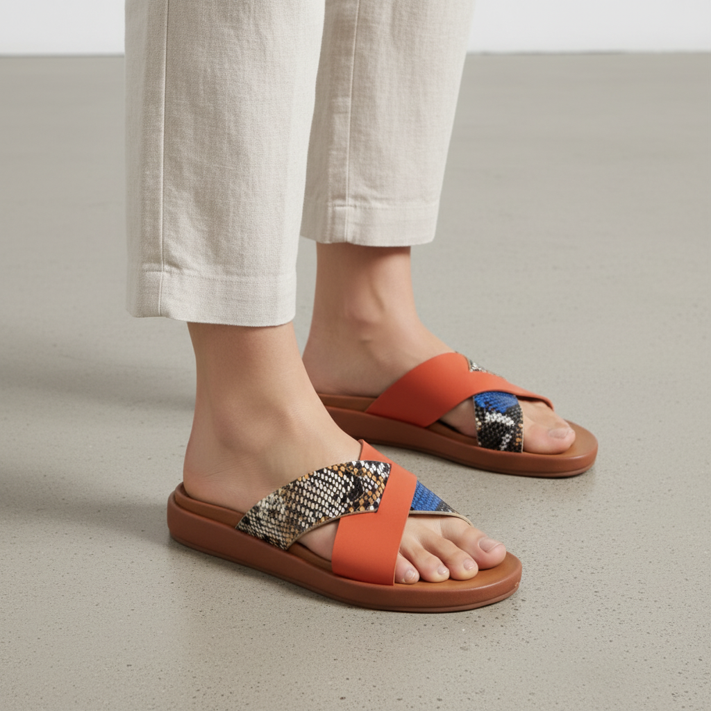 Women's terracotta cross strap slide sandal with python-print patchwork upper in natural and cobalt blue on cognac sole styled for a casual summer outfit - BellanBlue
