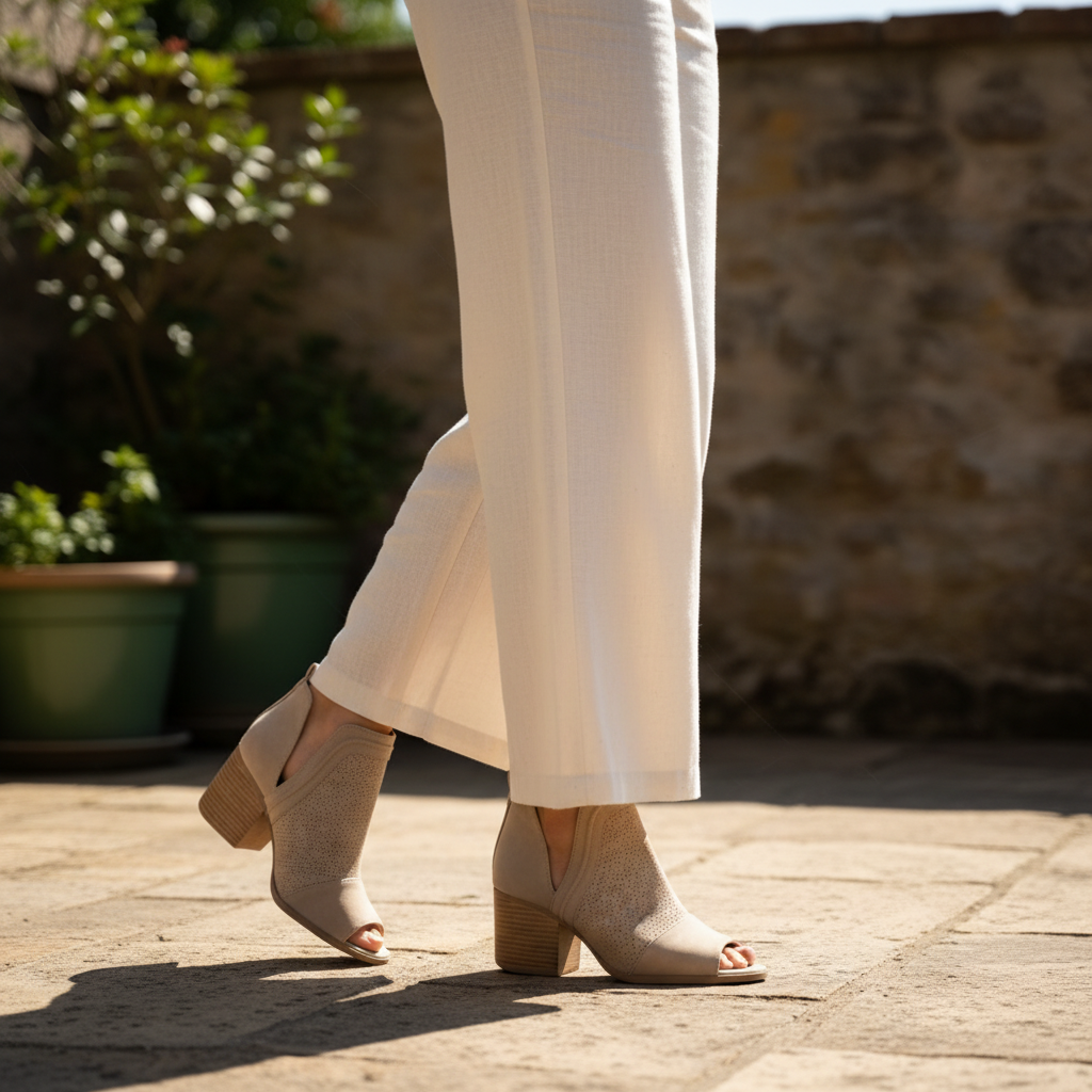 Women's taupe perforated peep toe booties with stacked block heel styled with wide leg linen trousers on sun-lit terrace - BellanBlue