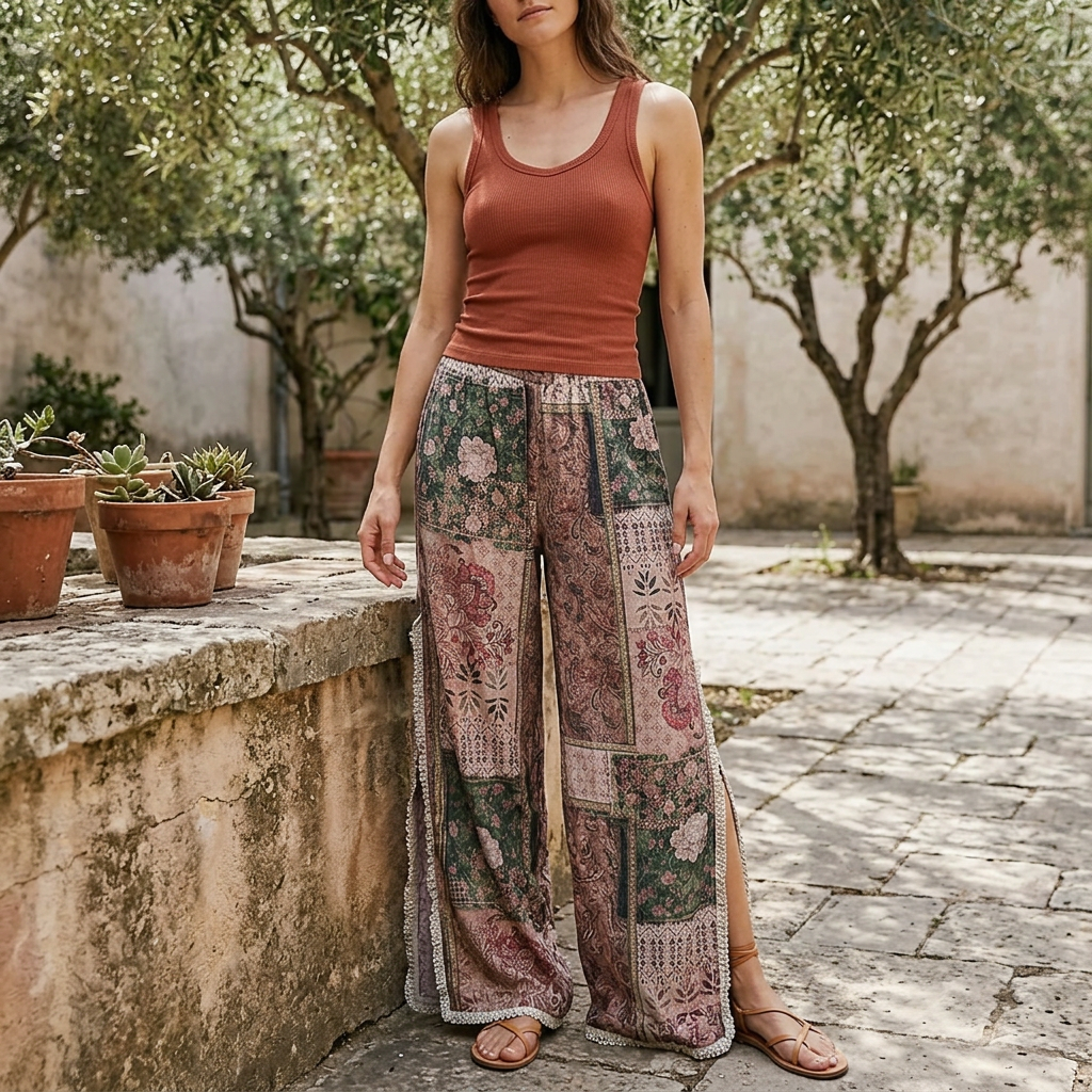 POL Clothing women's Rose Multi patchwork pants styled with a rust tank in an olive-tree courtyard