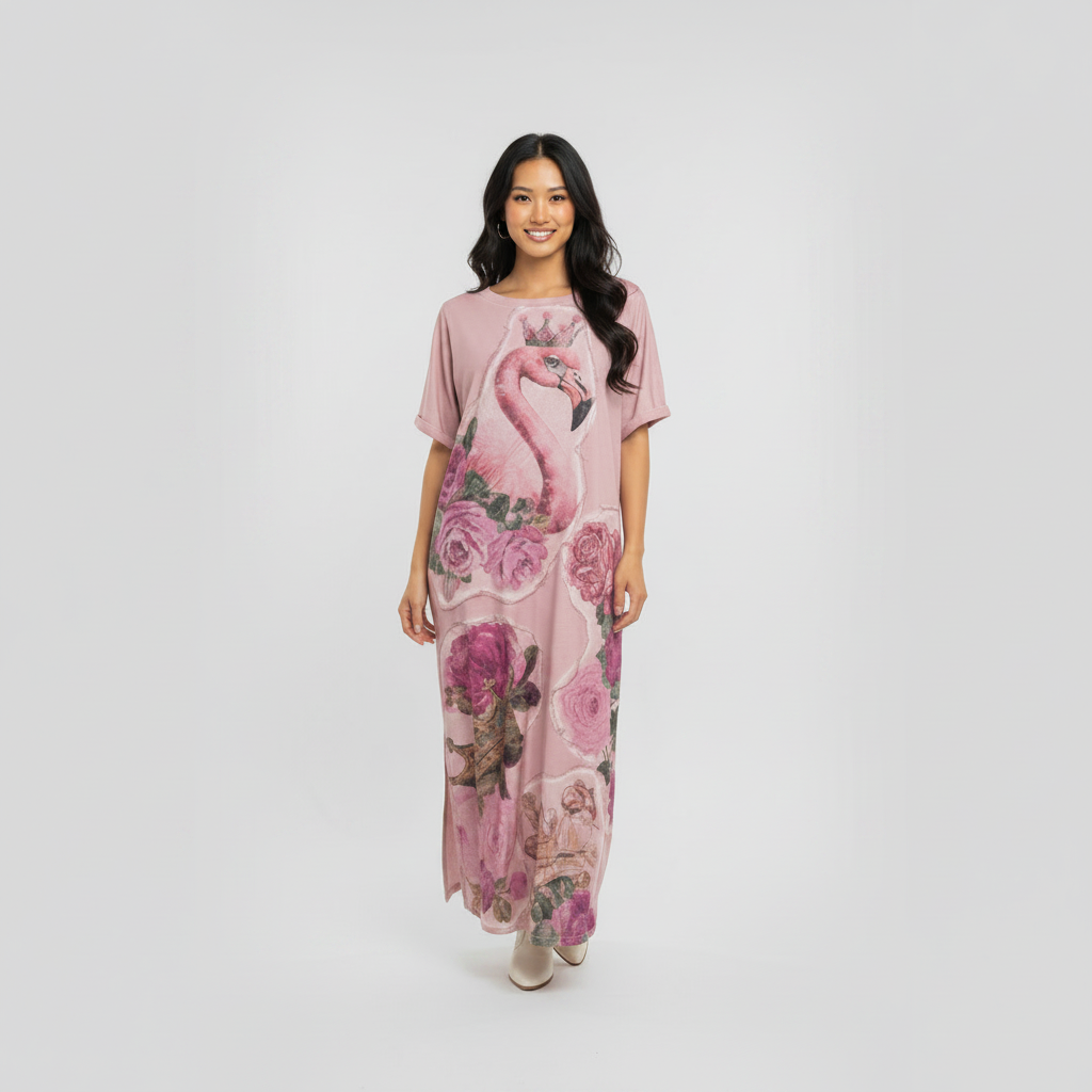 Women's blush pink flamingo graphic maxi dress caftan silhouette short sleeves studio shot - BellanBlue