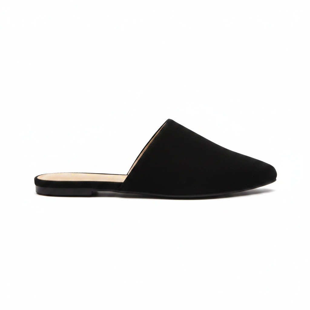 Bella Marie black pointed toe mule slide, inner-side profile view on white background, flat slip-on open back