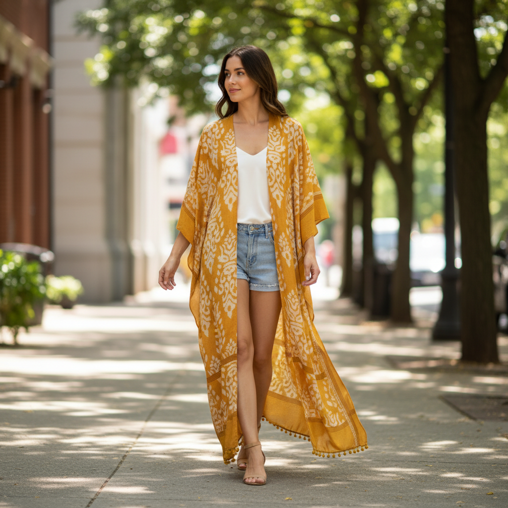 Urbanista mustard yellow damask kimono duster in motion on a tree-lined sidewalk showing sleeve drape and open front